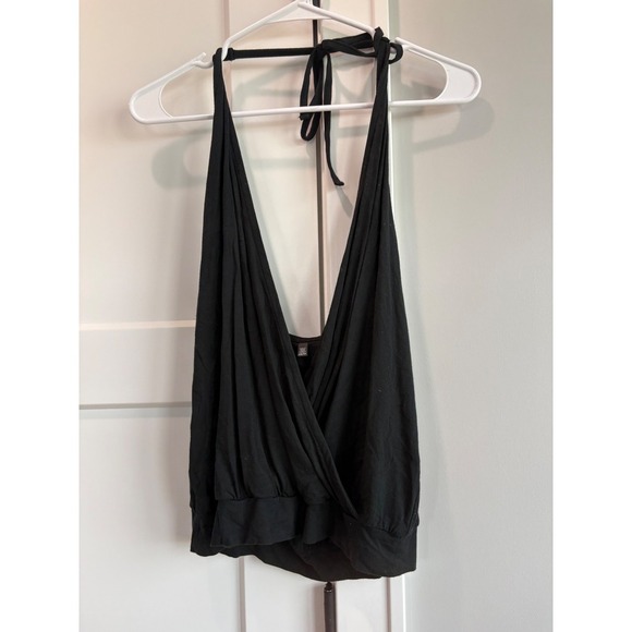 Black Halter Tank Top XS Surplice Tie Neck Sleeveless Casual Blouse - Picture 2 of 6